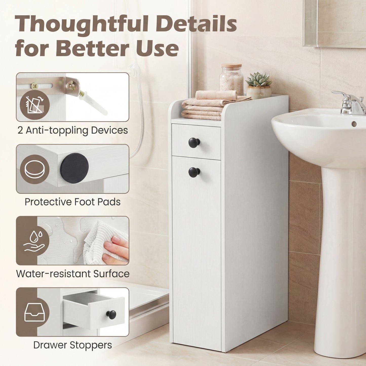 Patiojoy Narrow Bathroom Storage Cabinet Compact Floor Cabinet with Slide-Out Drawer Spacious Top White/Rustic Brown/Black