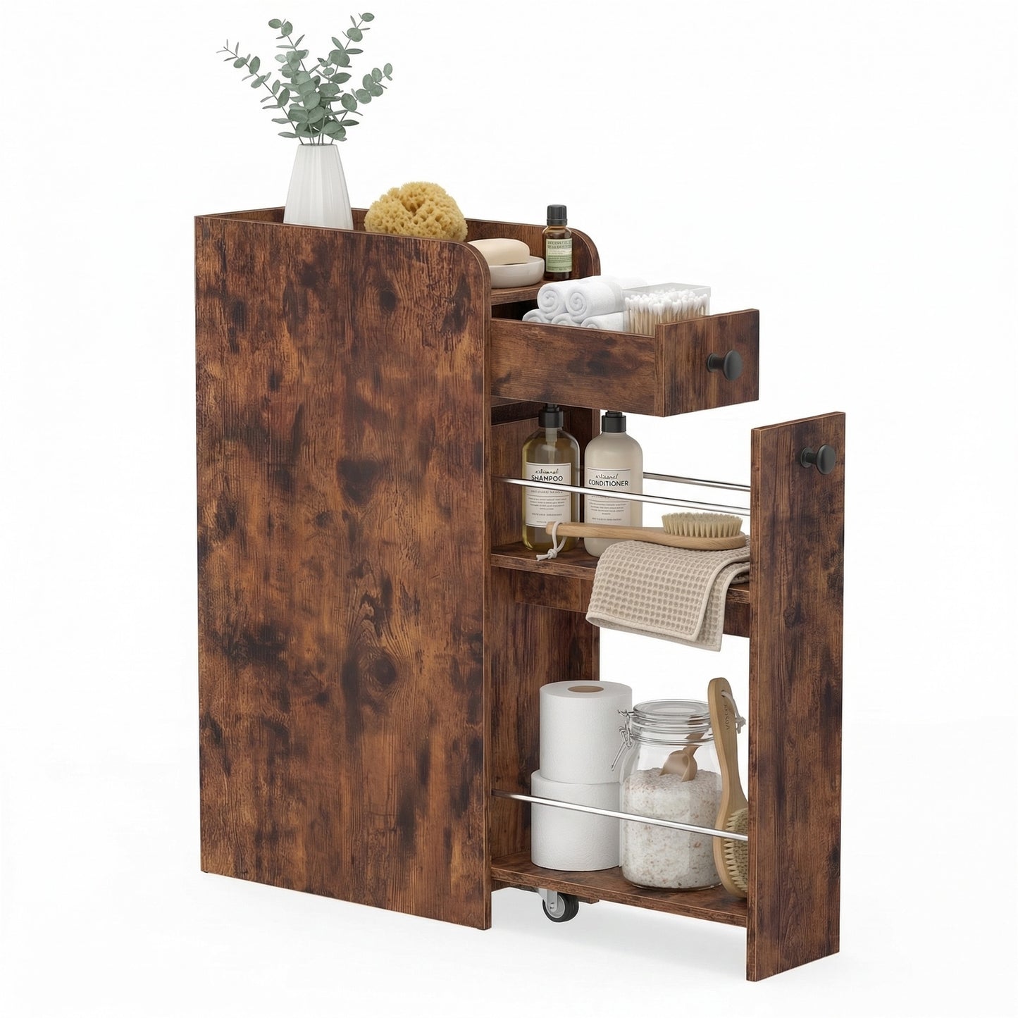 Patiojoy Narrow Bathroom Storage Cabinet Compact Floor Cabinet with Slide-Out Drawer Spacious Top White/Rustic Brown/Black