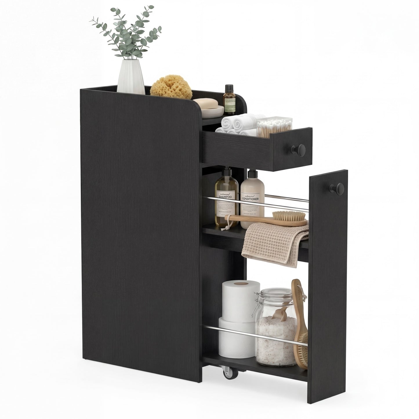 Patiojoy Narrow Bathroom Storage Cabinet Compact Floor Cabinet with Slide-Out Drawer Spacious Top White/Rustic Brown/Black