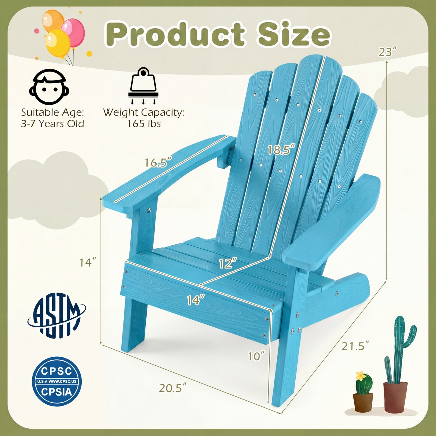 Patiojoy Adirondack Chairs for Kids Set of 2 Weather-Resistant HIPS Outdoor Chairs with Tilted High Backrest Turquoise/Brown/Pink/Red/Grey/White
