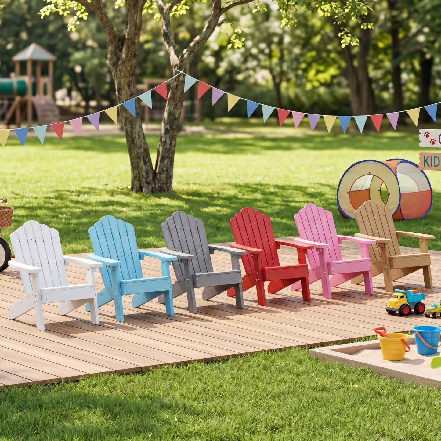 Patiojoy Adirondack Chairs for Kids Set of 2 Weather-Resistant HIPS Outdoor Chairs with Tilted High Backrest Turquoise/Brown/Pink/Red/Grey/White