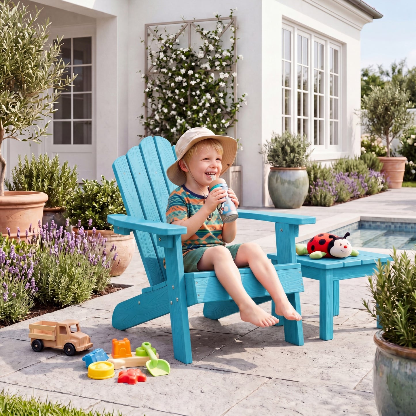 Patiojoy Adirondack Chairs for Kids Set of 2 Weather-Resistant HIPS Outdoor Chairs with Tilted High Backrest Turquoise/Brown/Pink/Red/Grey/White