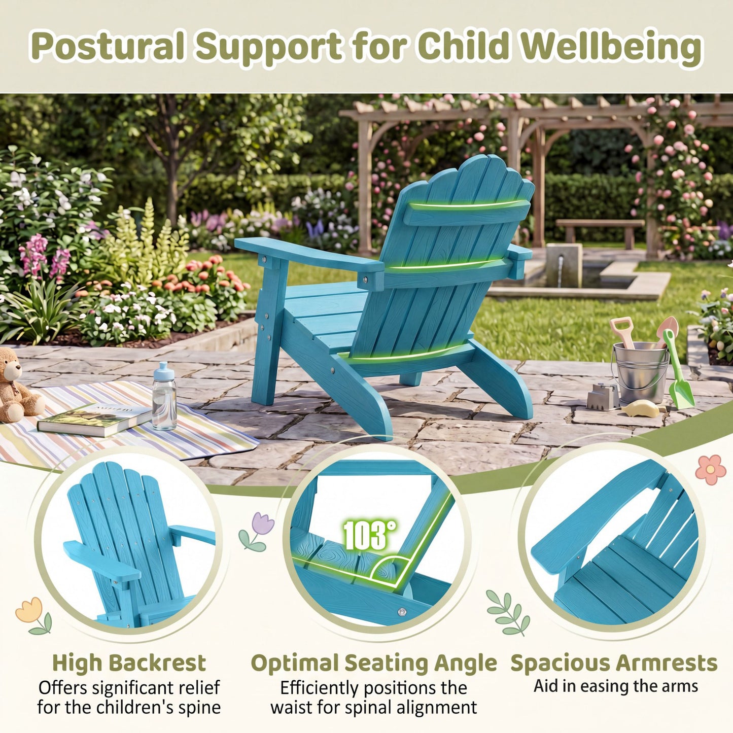 Patiojoy Adirondack Chairs for Kids Set of 2 Weather-Resistant HIPS Outdoor Chairs with Tilted High Backrest Turquoise/Brown/Pink/Red/Grey/White