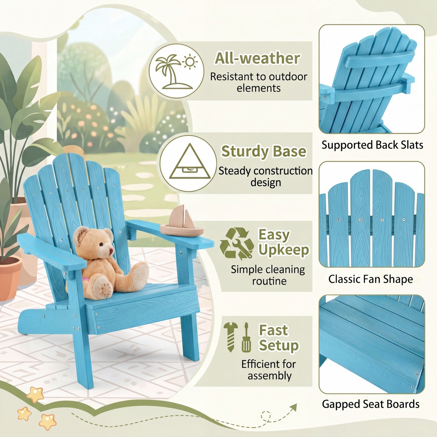 Patiojoy Adirondack Chairs for Kids Set of 2 Weather-Resistant HIPS Outdoor Chairs with Tilted High Backrest Turquoise/Brown/Pink/Red/Grey/White