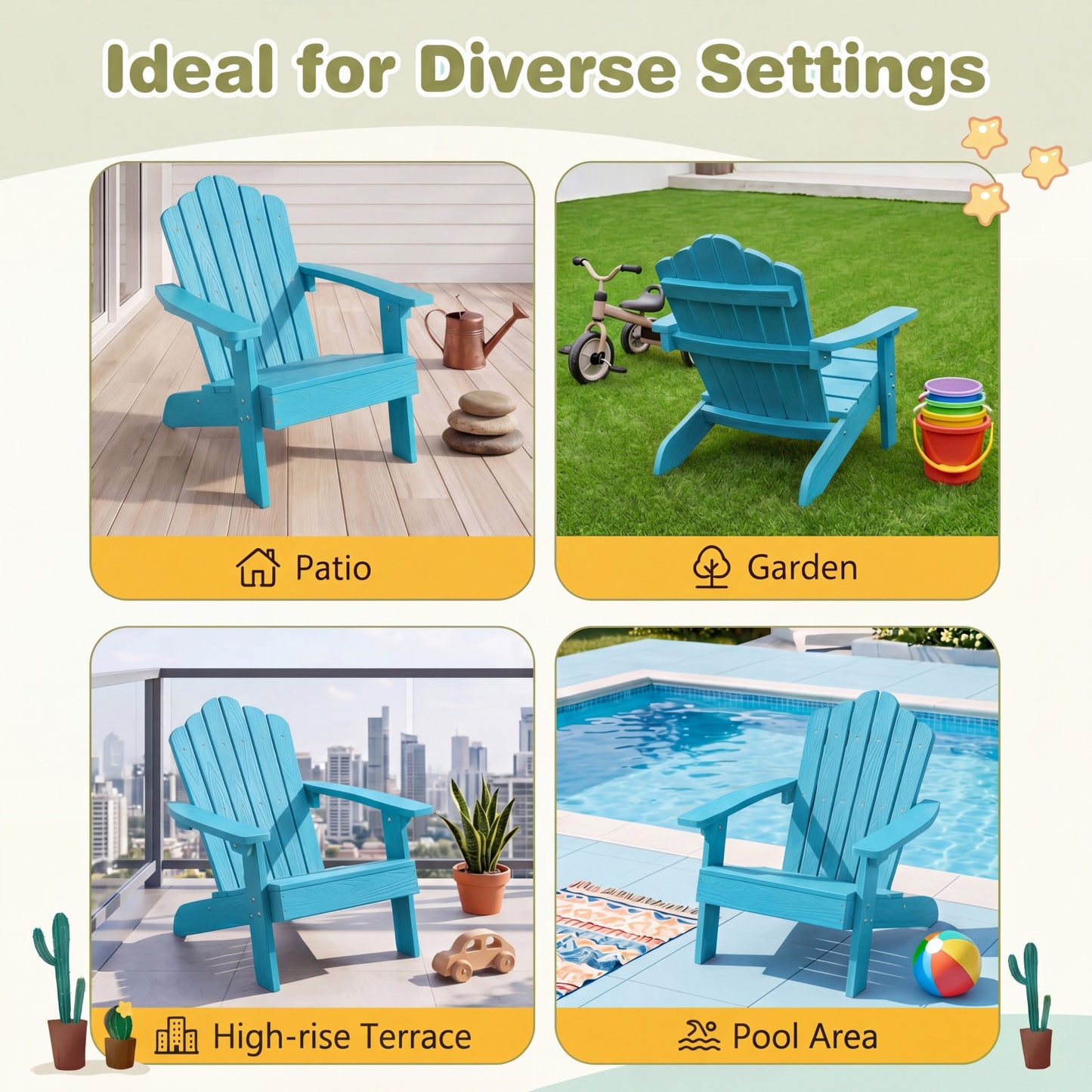 Patiojoy Adirondack Chairs for Kids Set of 2 Weather-Resistant HIPS Outdoor Chairs with Tilted High Backrest Turquoise/Brown/Pink/Red/Grey/White