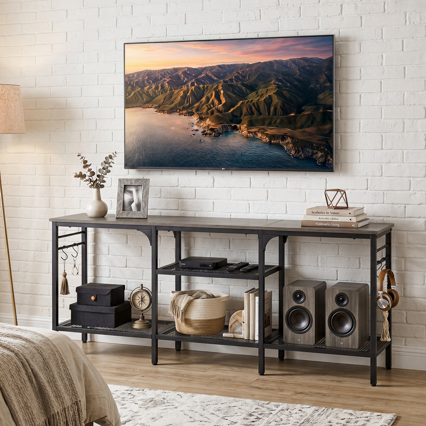 Patiojoy TV Stand for TVs up to 65 Inch 3-Tier Entertainment Center with Open Storage Shelves Media TV Console Table with 4 Hooks Oak& Black/Rustic Brown& Black