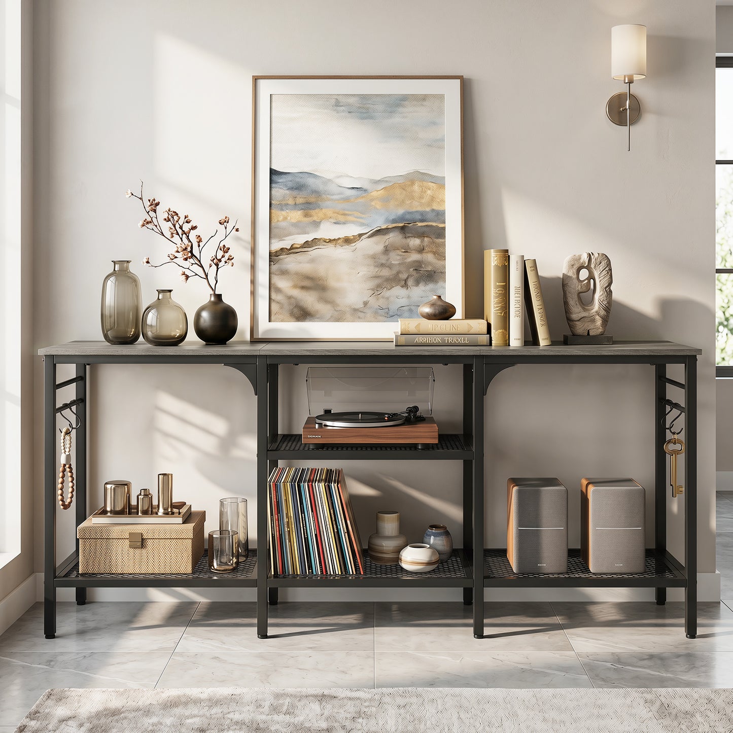 Patiojoy TV Stand for TVs up to 65 Inch 3-Tier Entertainment Center with Open Storage Shelves Media TV Console Table with 4 Hooks Oak& Black/Rustic Brown& Black