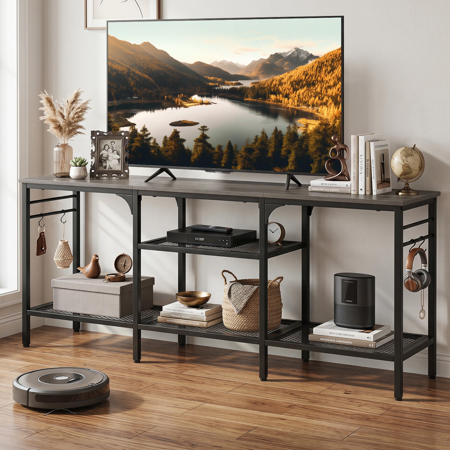 Patiojoy TV Stand for TVs up to 65 Inch 3-Tier Entertainment Center with Open Storage Shelves Media TV Console Table with 4 Hooks Oak& Black/Rustic Brown& Black