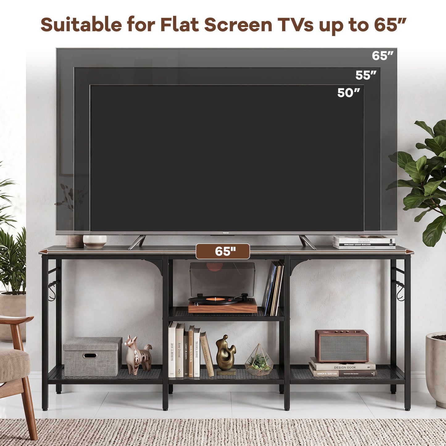 Patiojoy TV Stand for TVs up to 65 Inch 3-Tier Entertainment Center with Open Storage Shelves Media TV Console Table with 4 Hooks Oak& Black/Rustic Brown& Black