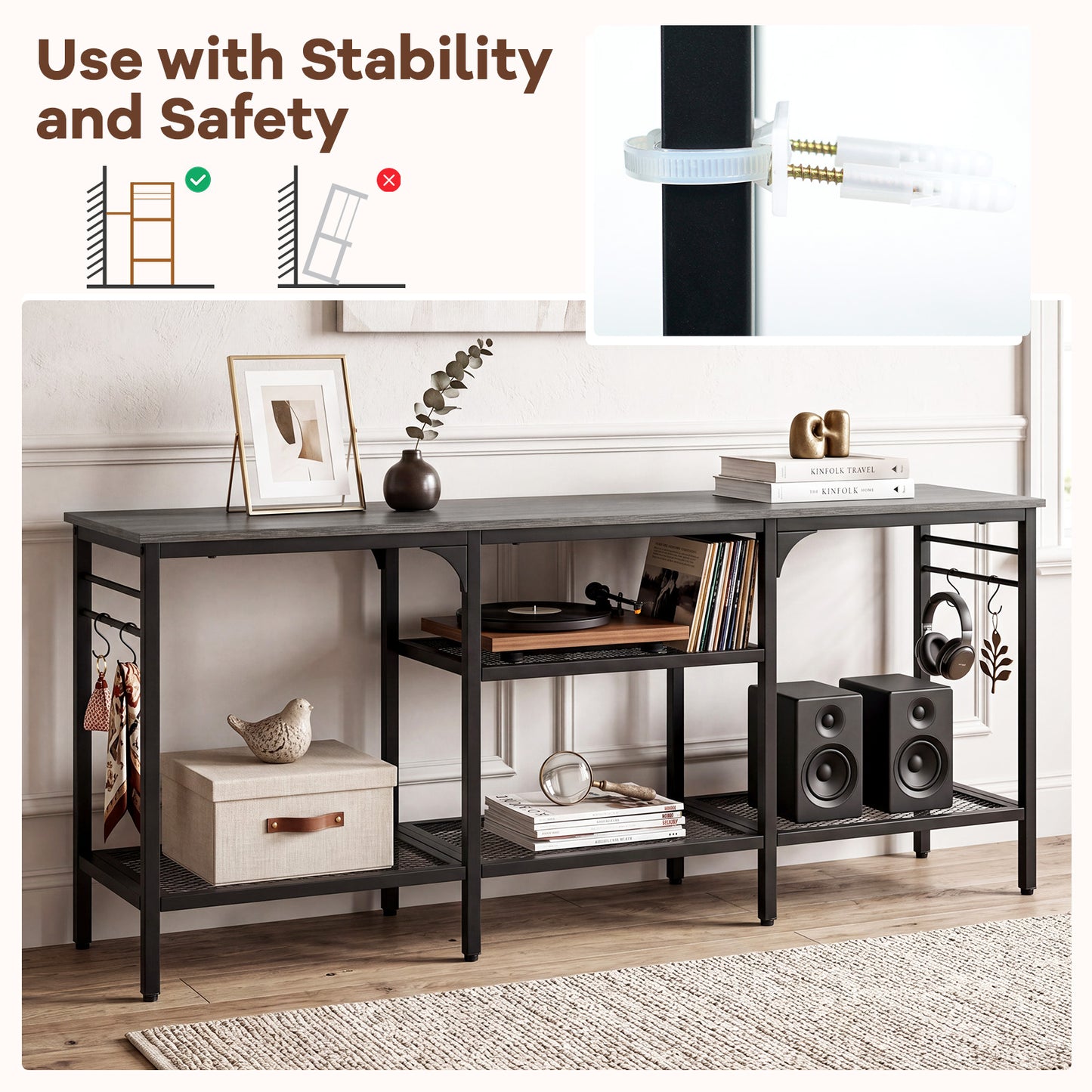 Patiojoy TV Stand for TVs up to 65 Inch 3-Tier Entertainment Center with Open Storage Shelves Media TV Console Table with 4 Hooks Oak& Black/Rustic Brown& Black