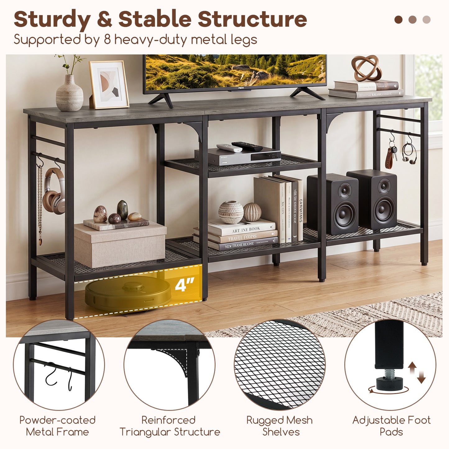 Patiojoy TV Stand for TVs up to 65 Inch 3-Tier Entertainment Center with Open Storage Shelves Media TV Console Table with 4 Hooks Oak& Black/Rustic Brown& Black