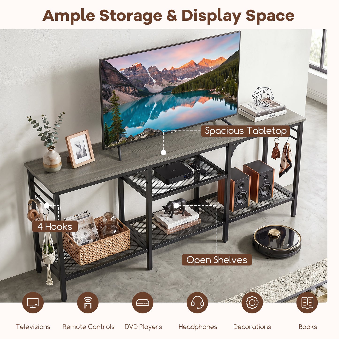 Patiojoy TV Stand for TVs up to 65 Inch 3-Tier Entertainment Center with Open Storage Shelves Media TV Console Table with 4 Hooks Oak& Black/Rustic Brown& Black