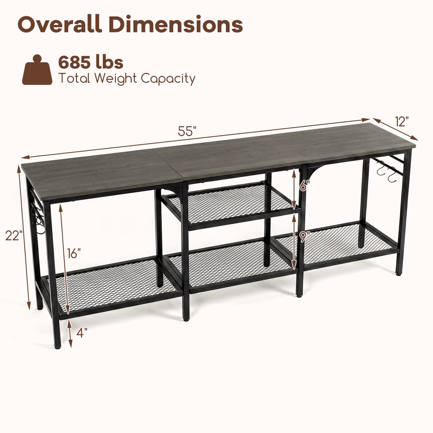 Patiojoy TV Stand for TVs up to 65 Inch 3-Tier Entertainment Center with Open Storage Shelves Media TV Console Table with 4 Hooks Oak& Black/Rustic Brown& Black