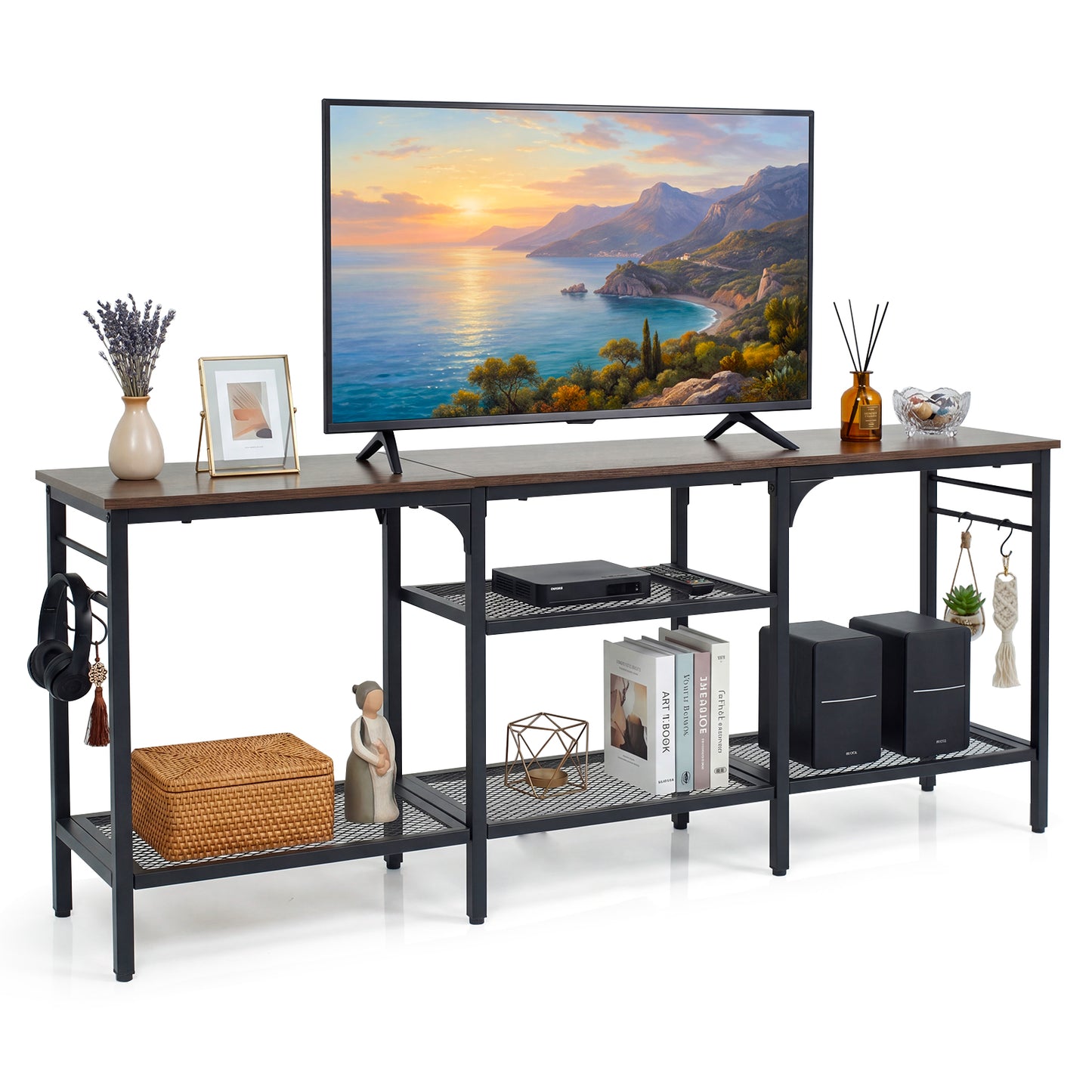 Patiojoy TV Stand for TVs up to 65 Inch 3-Tier Entertainment Center with Open Storage Shelves Media TV Console Table with 4 Hooks Oak& Black/Rustic Brown& Black