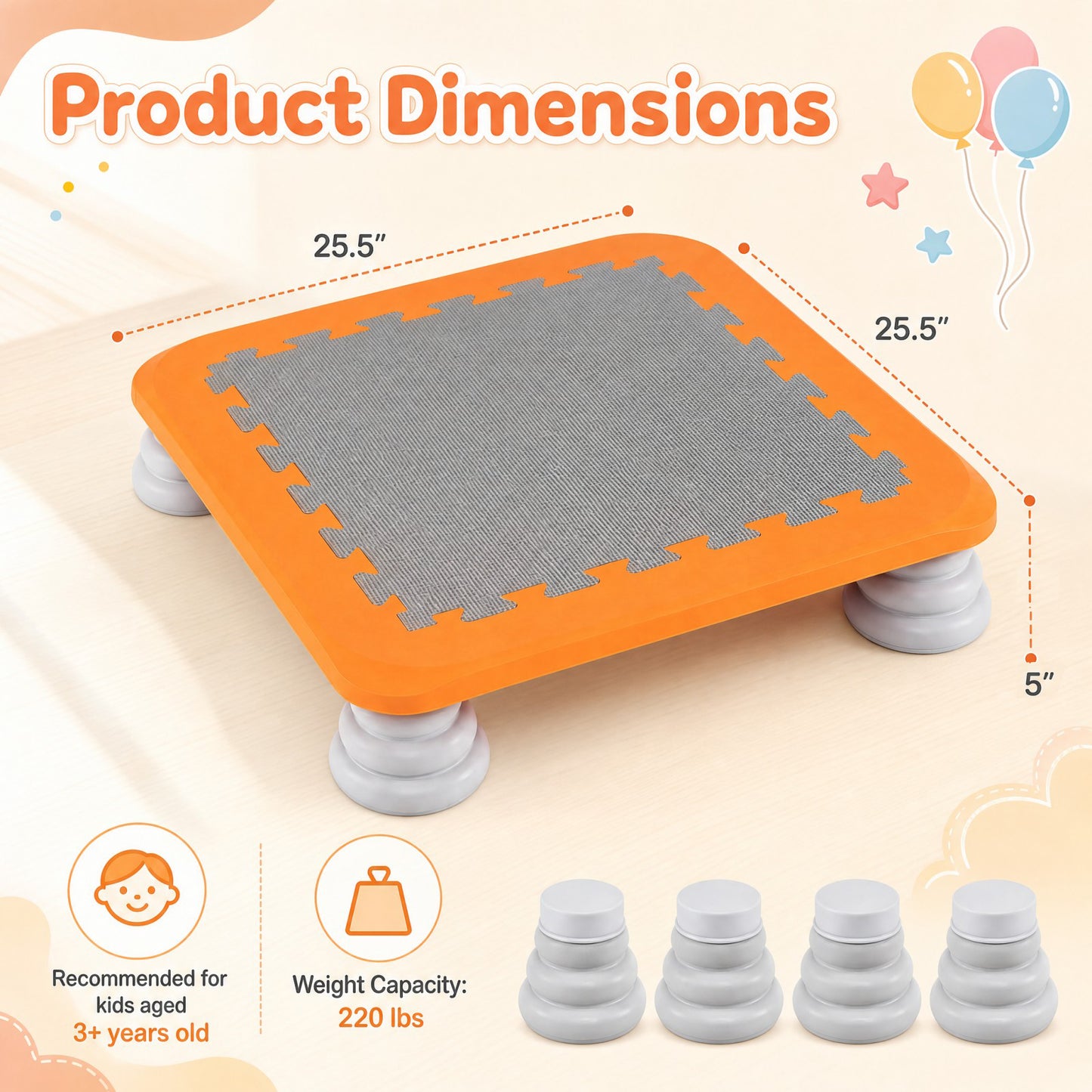 Patiojoy Kids Mini Trampoline 25.5" Sensory Balance Jump Toy with 4 Removable & Non-Slip Foot Pads