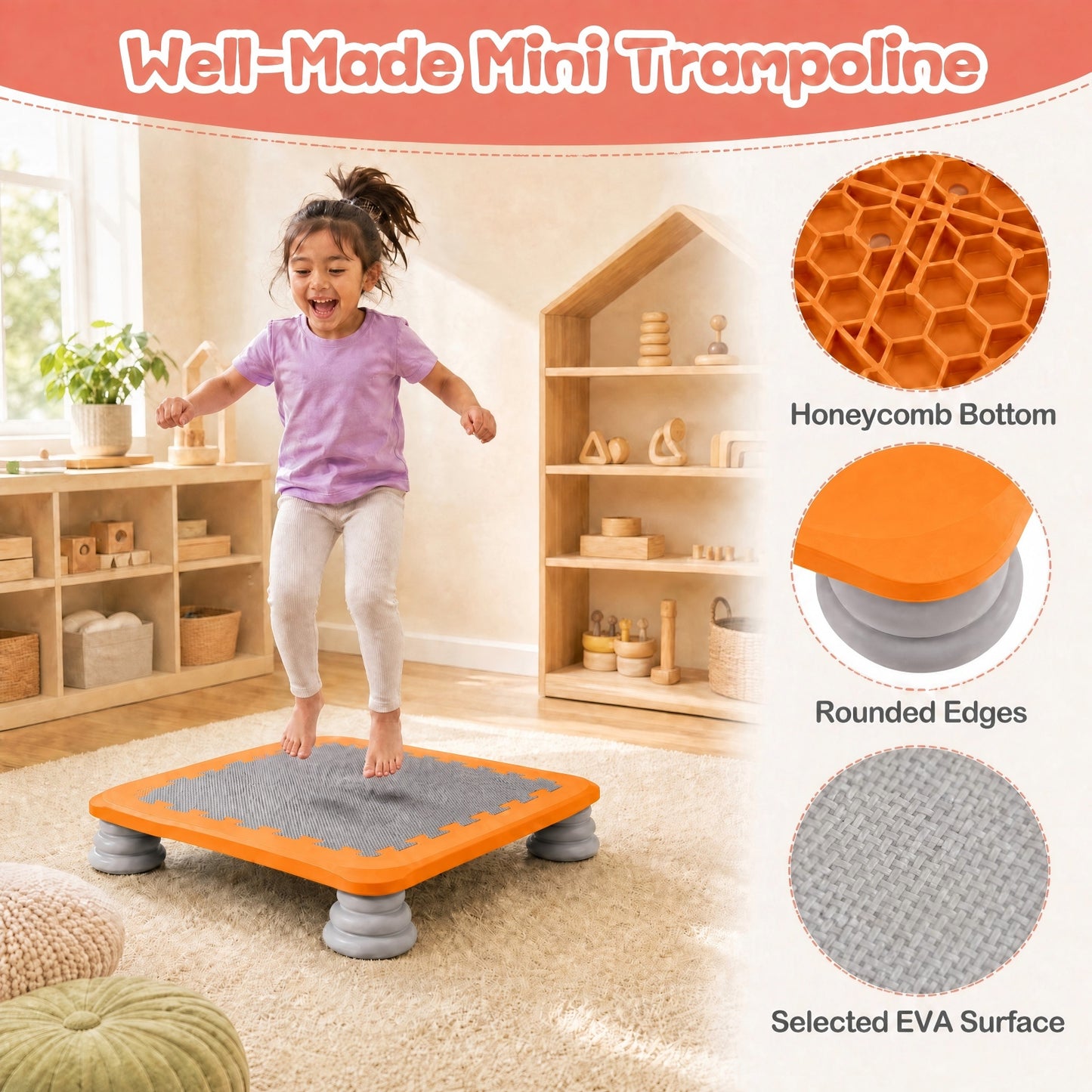 Patiojoy Kids Mini Trampoline 25.5" Sensory Balance Jump Toy with 4 Removable & Non-Slip Foot Pads