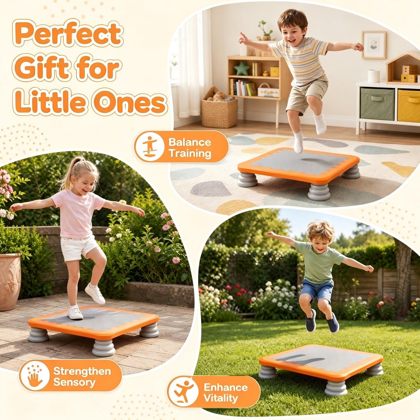 Patiojoy Kids Mini Trampoline 25.5" Sensory Balance Jump Toy with 4 Removable & Non-Slip Foot Pads