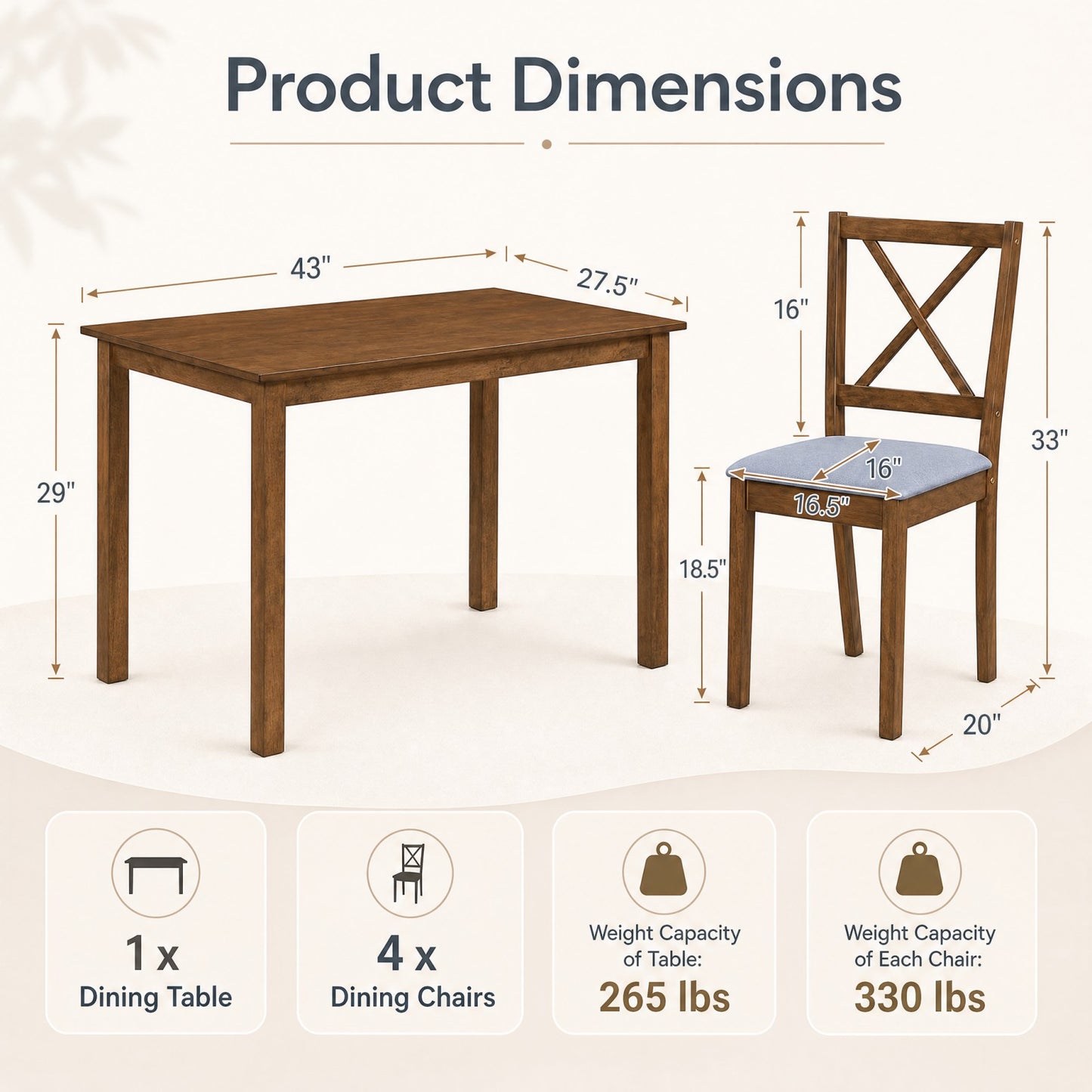 Patiojoy 5-Piece Dining Table Set with Rectangular Table and 4 Chairs