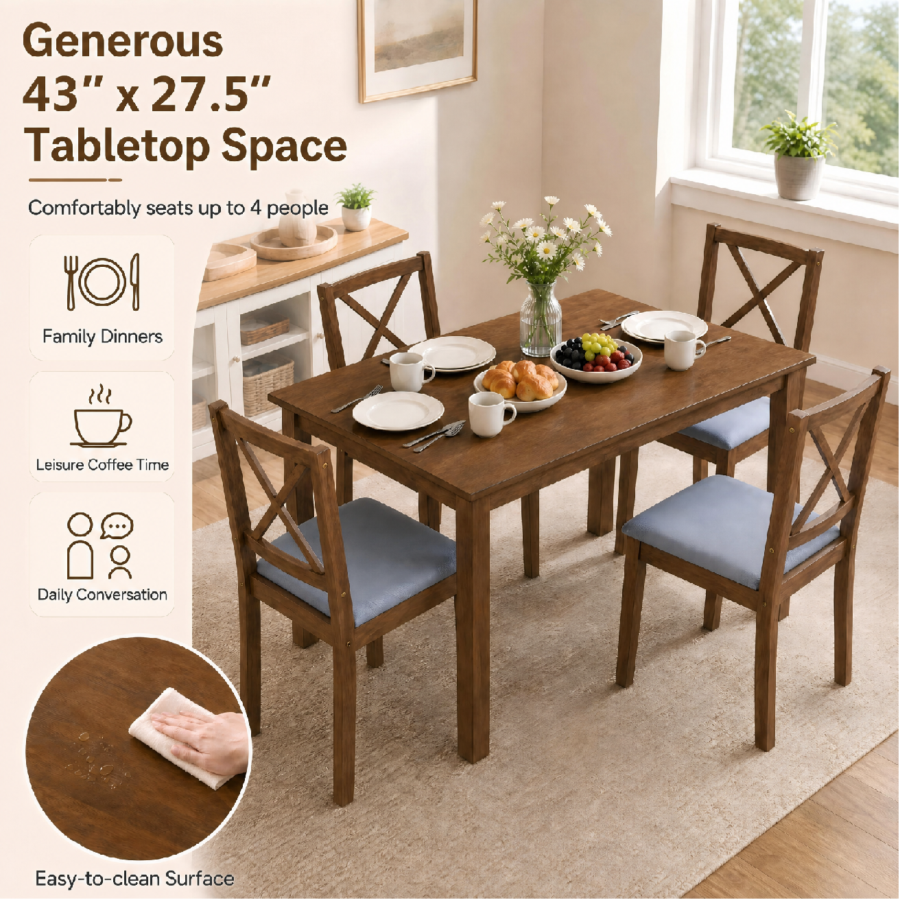 Patiojoy 5-Piece Dining Table Set with Rectangular Table and 4 Chairs