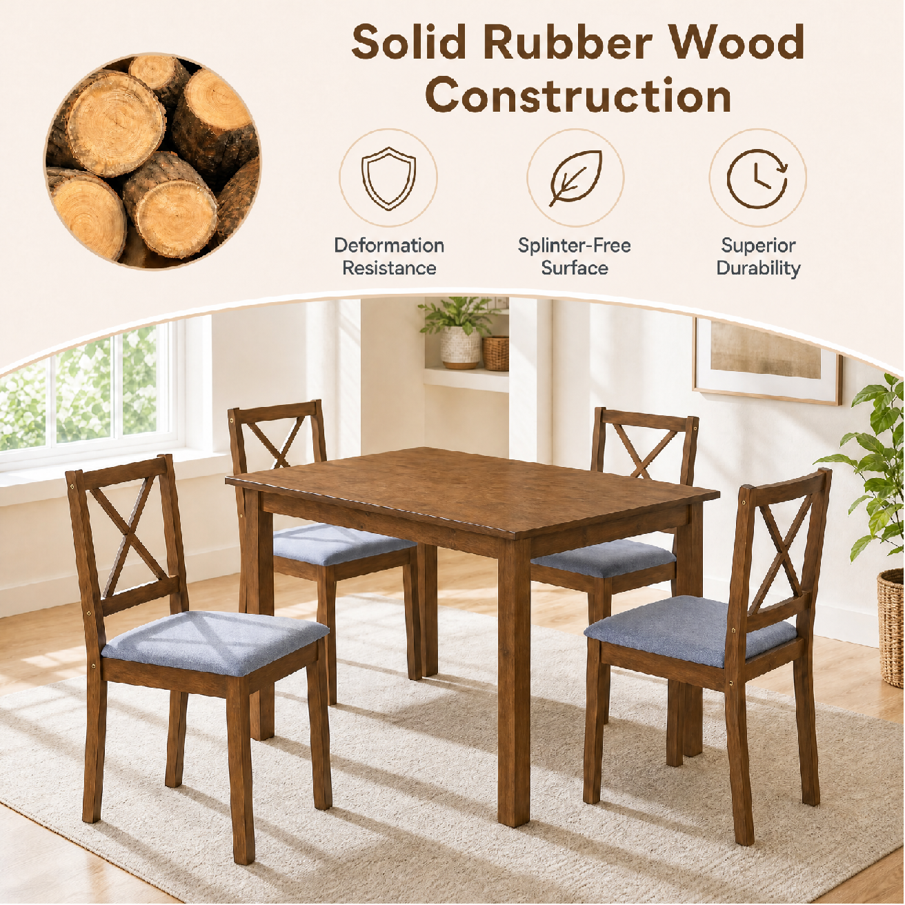 Patiojoy 5-Piece Dining Table Set with Rectangular Table and 4 Chairs