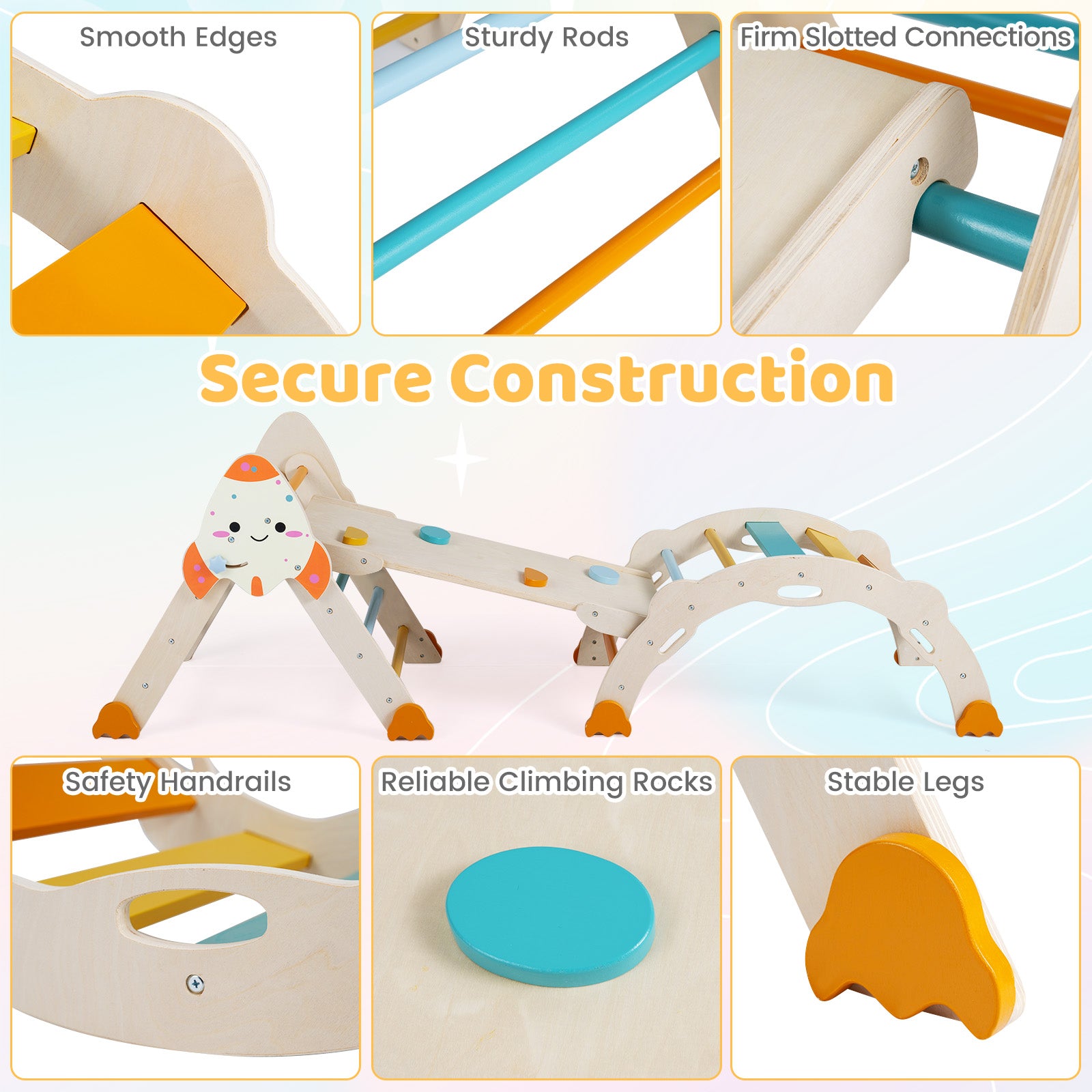 Patiojoy 8-In-1 Pikler Triangle Set w/ Cushion Rocket Themed Colorful ...