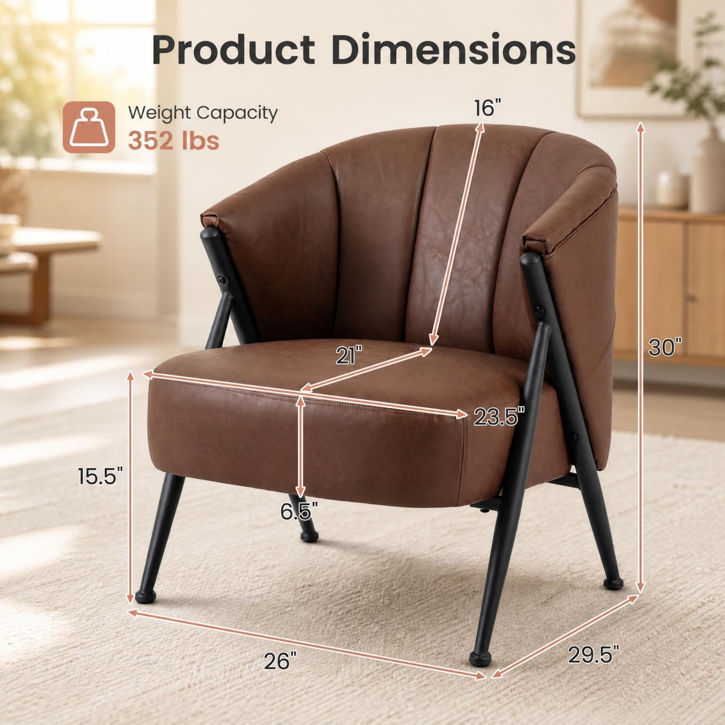 Patiojoy Accent Chair in Mid-Century Modern Style With Wide Seat and Curved Backrest Set of 1/2