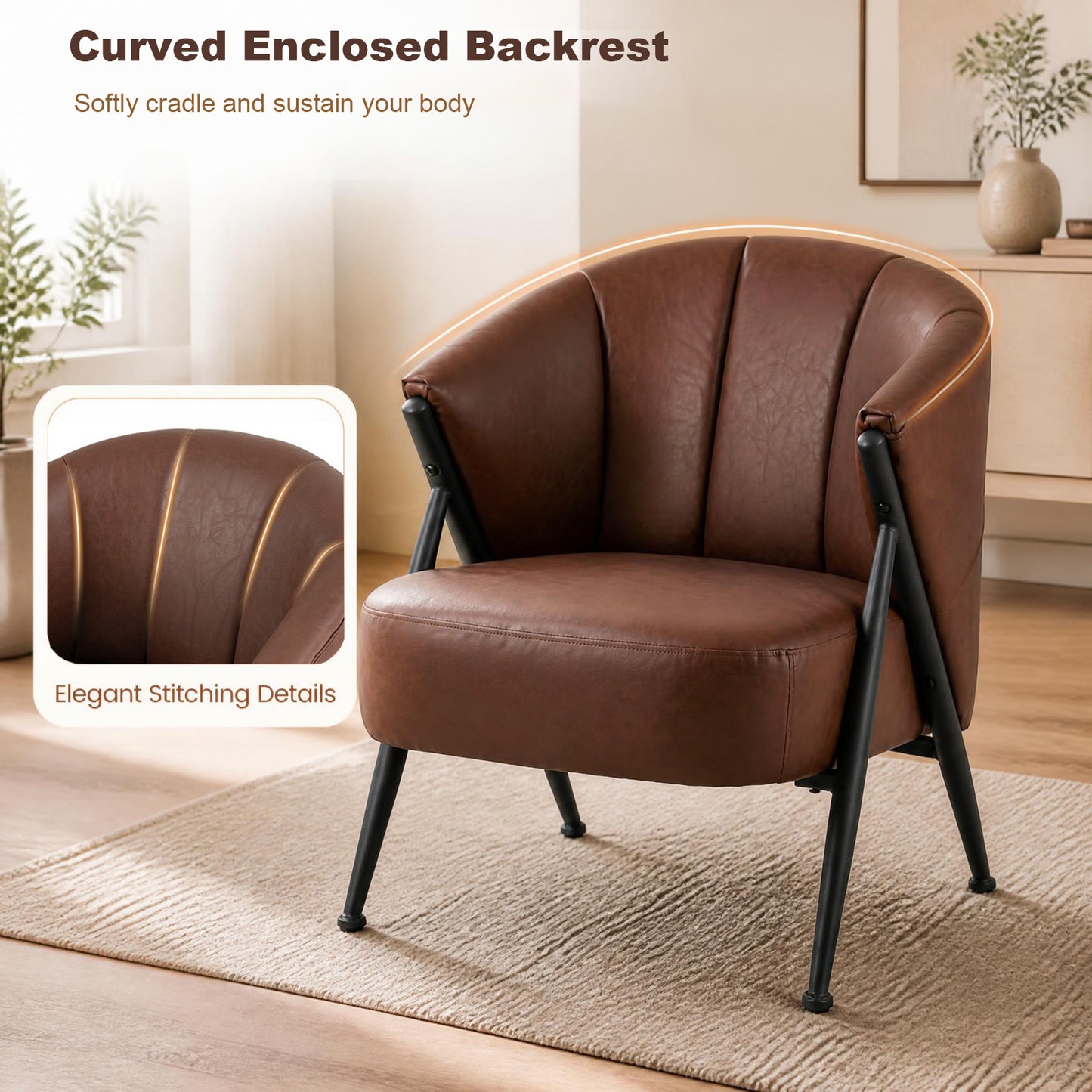 Patiojoy Accent Chair in Mid-Century Modern Style With Wide Seat and Curved Backrest Set of 1/2