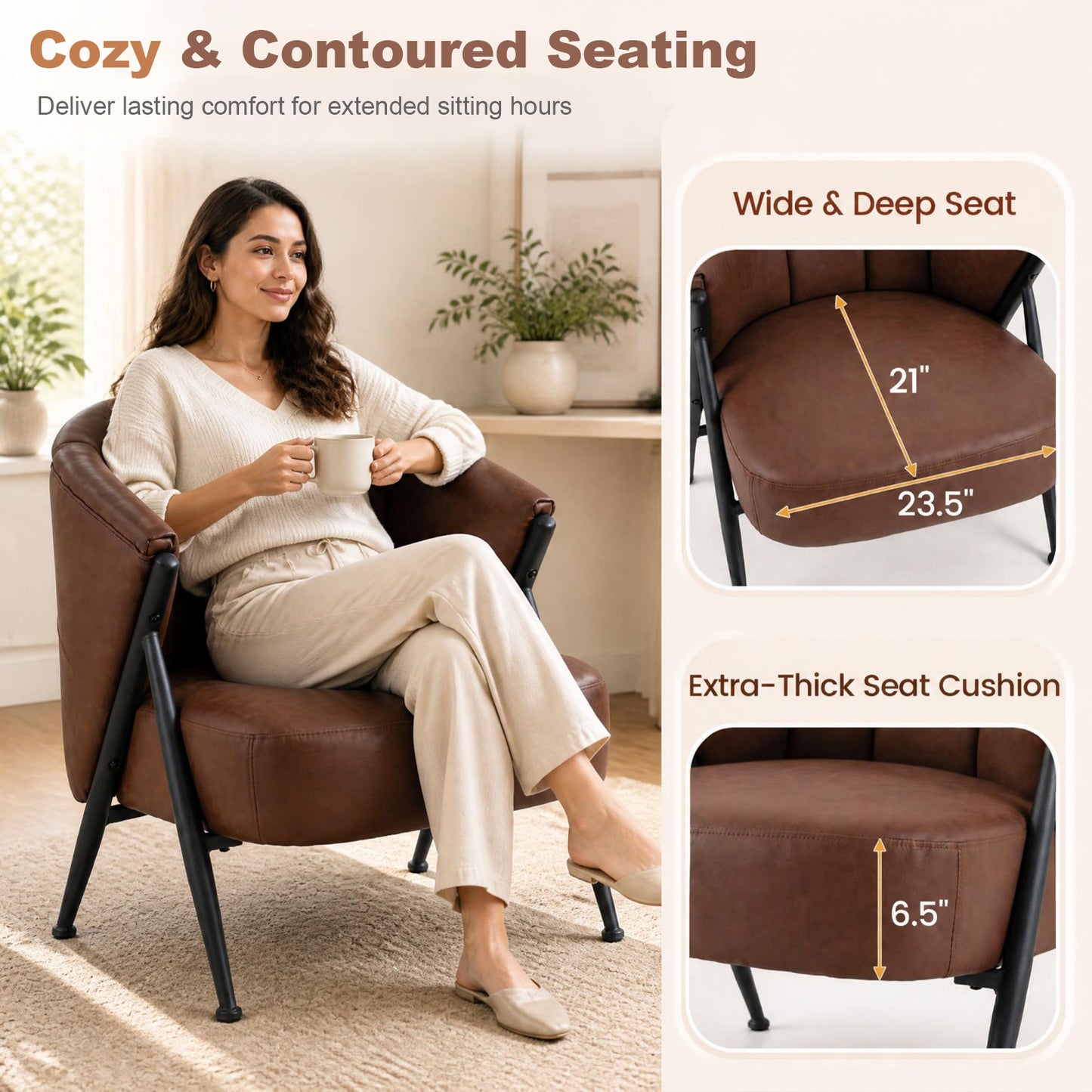 Patiojoy Accent Chair in Mid-Century Modern Style With Wide Seat and Curved Backrest Set of 1/2