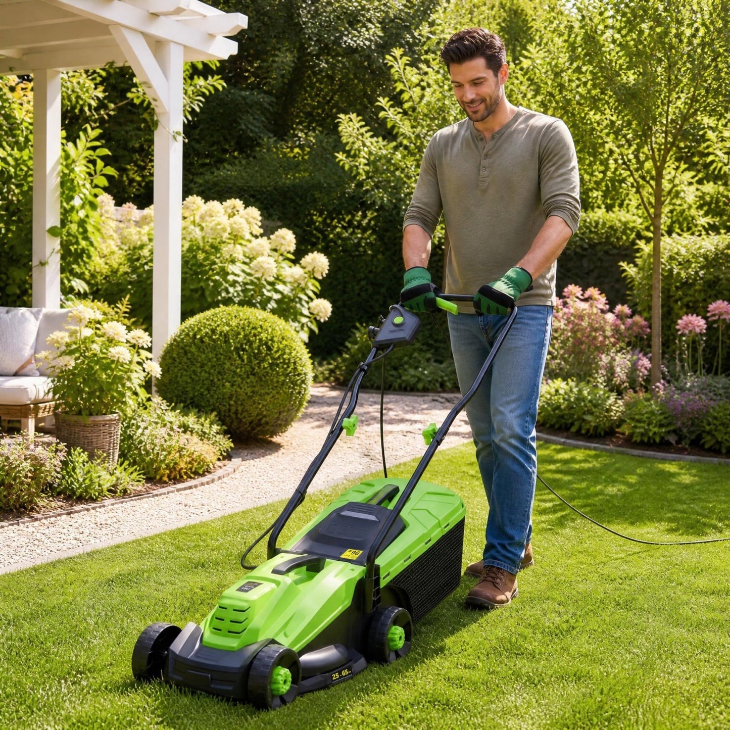 Patiojoy 12-Amp 13-Inch Corded Electric Lawn Mower With 3-Position Height Adjustment Green/Orange