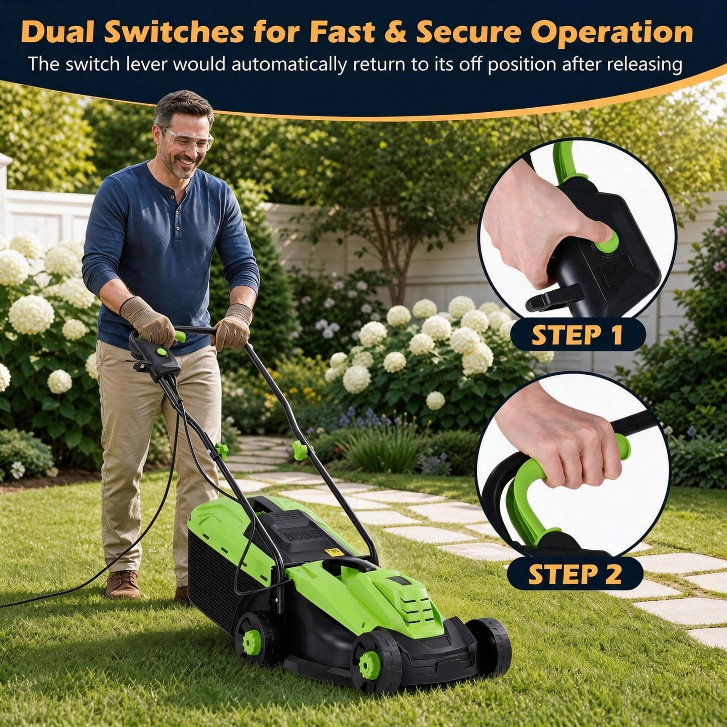 Patiojoy 12-Amp 13-Inch Corded Electric Lawn Mower With 3-Position Height Adjustment Green/Orange