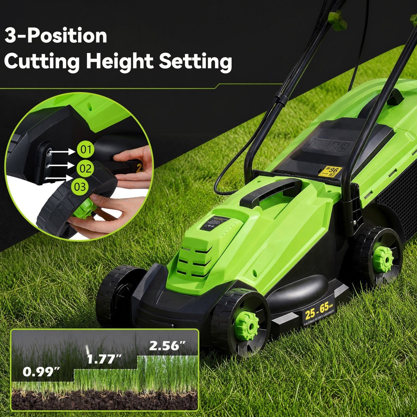 Patiojoy 12-Amp 13-Inch Corded Electric Lawn Mower With 3-Position Height Adjustment Green/Orange