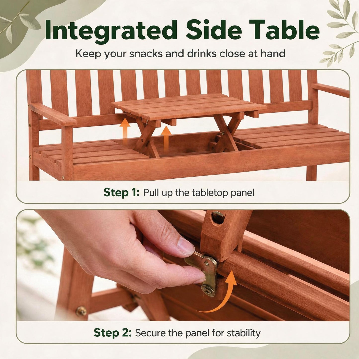 Patiojoy Outdoor Wood Garden Bench 59" 2-3 Person Patio Seat with Pull-Out Center Table