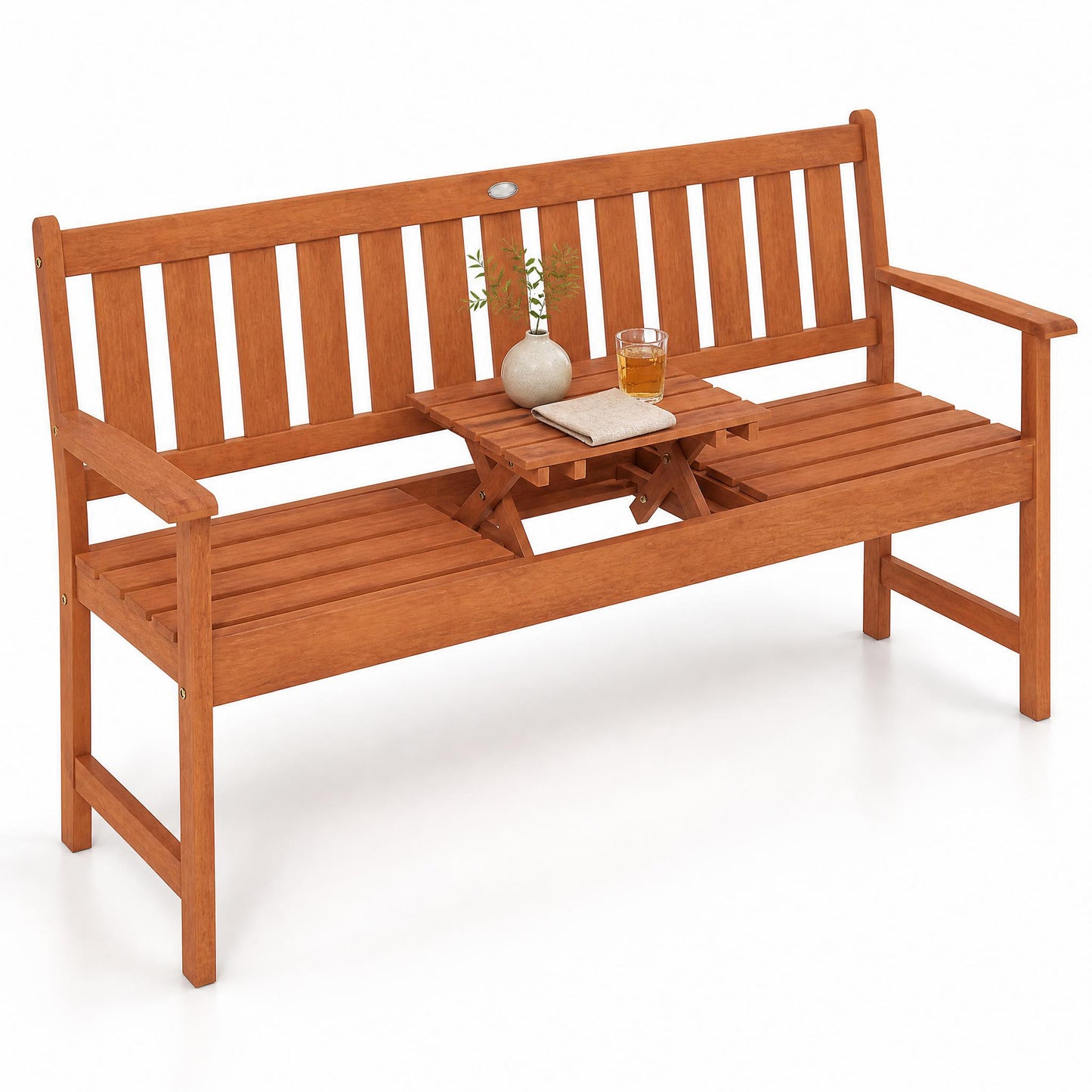 Patiojoy Outdoor Wood Garden Bench 59" 2-3 Person Patio Seat with Pull-Out Center Table