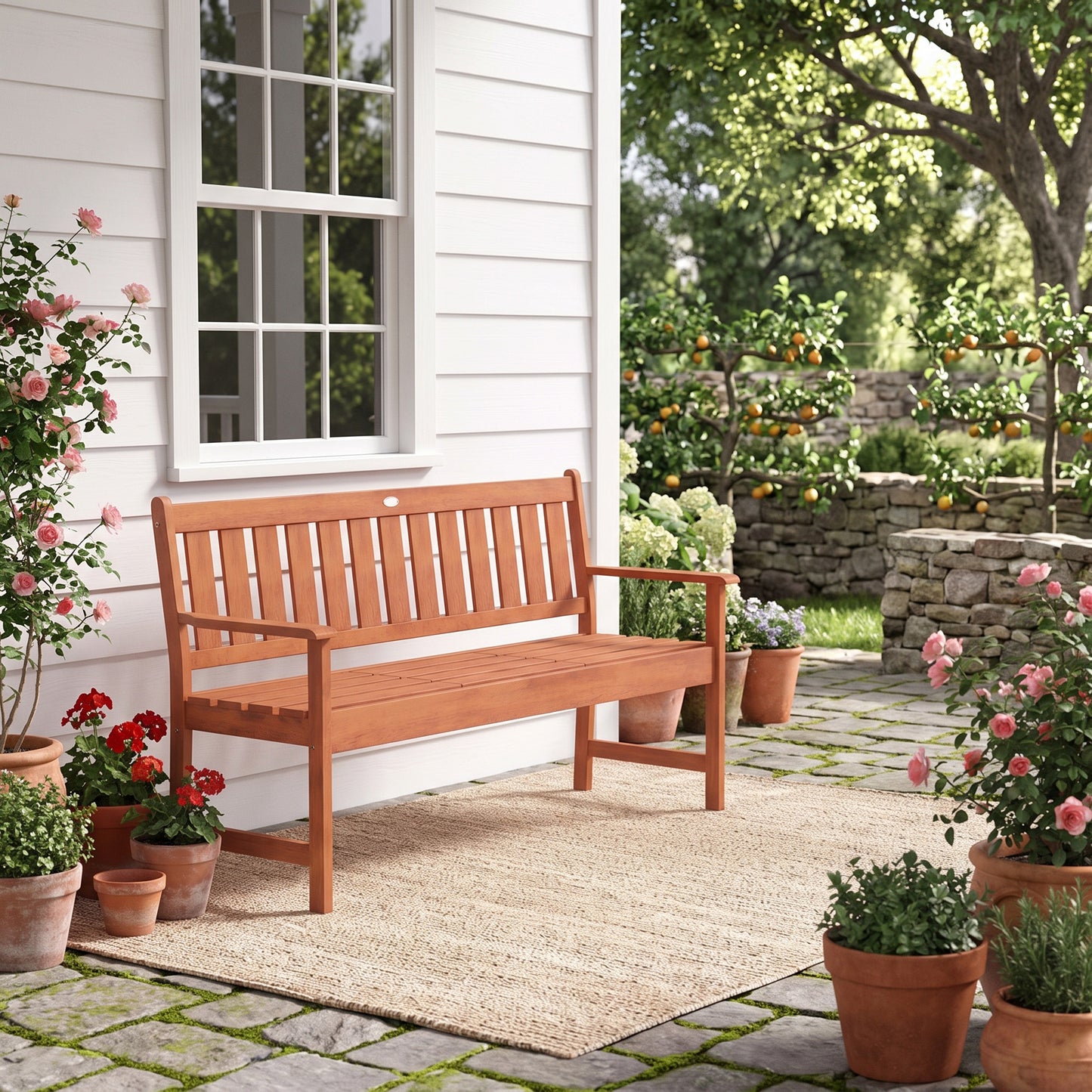 Patiojoy Outdoor Wood Garden Bench 59" 2-3 Person Patio Seat with Pull-Out Center Table