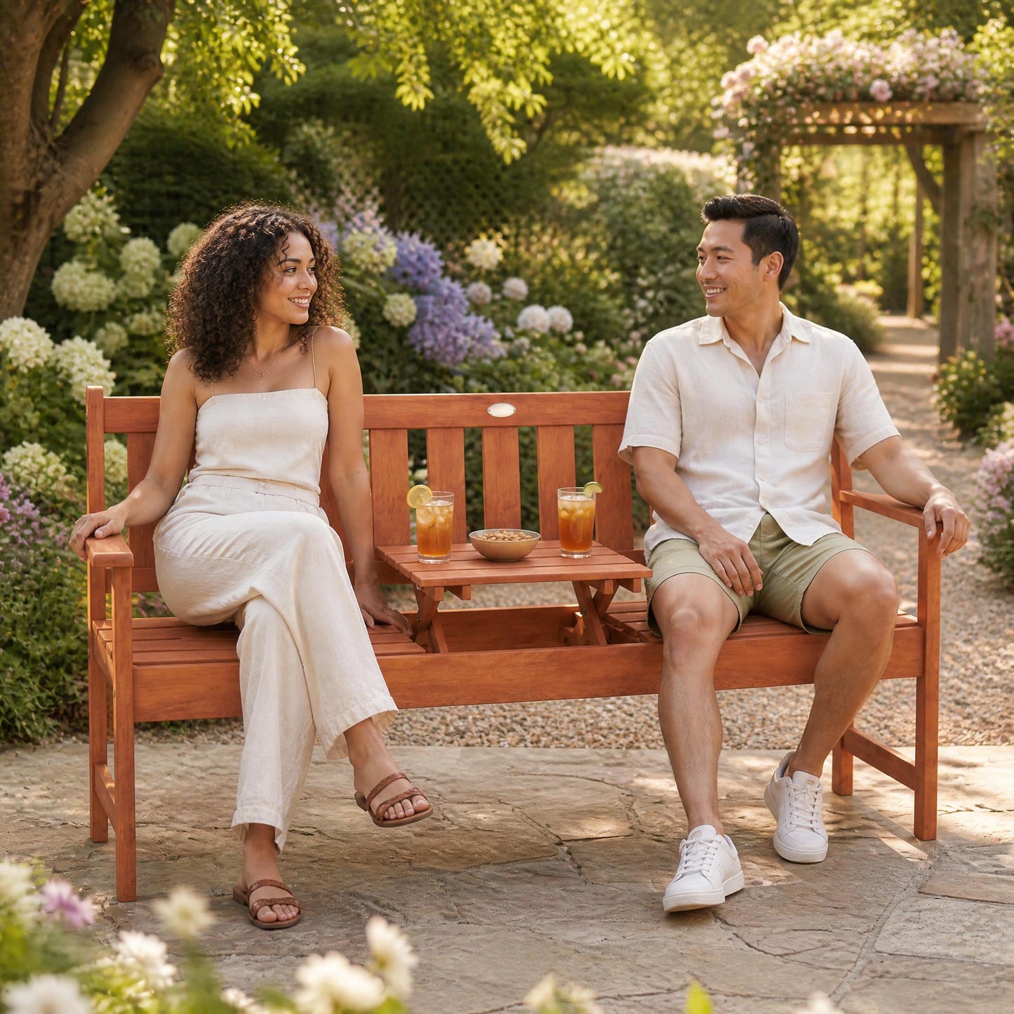 Patiojoy Outdoor Wood Garden Bench 59" 2-3 Person Patio Seat with Pull-Out Center Table