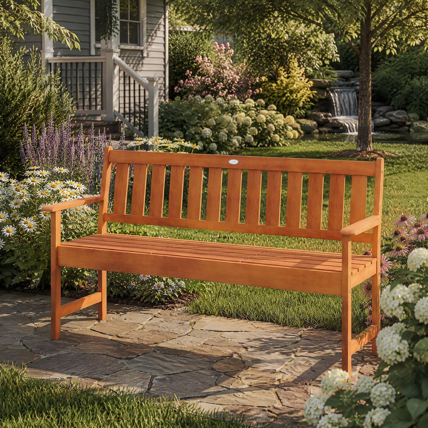 Patiojoy Outdoor Wood Garden Bench 59" 2-3 Person Patio Seat with Pull-Out Center Table