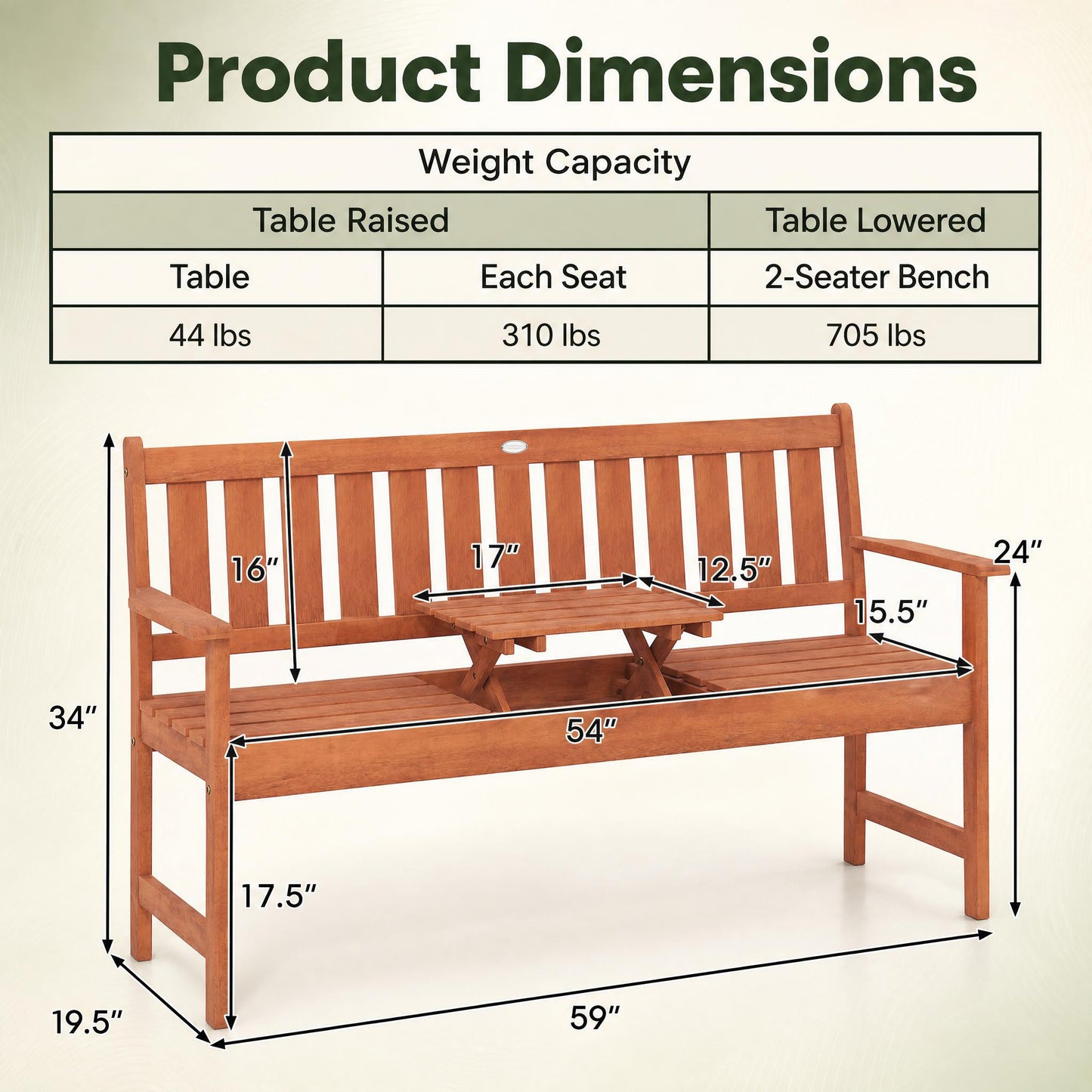 Patiojoy Outdoor Wood Garden Bench 59" 2-3 Person Patio Seat with Pull-Out Center Table