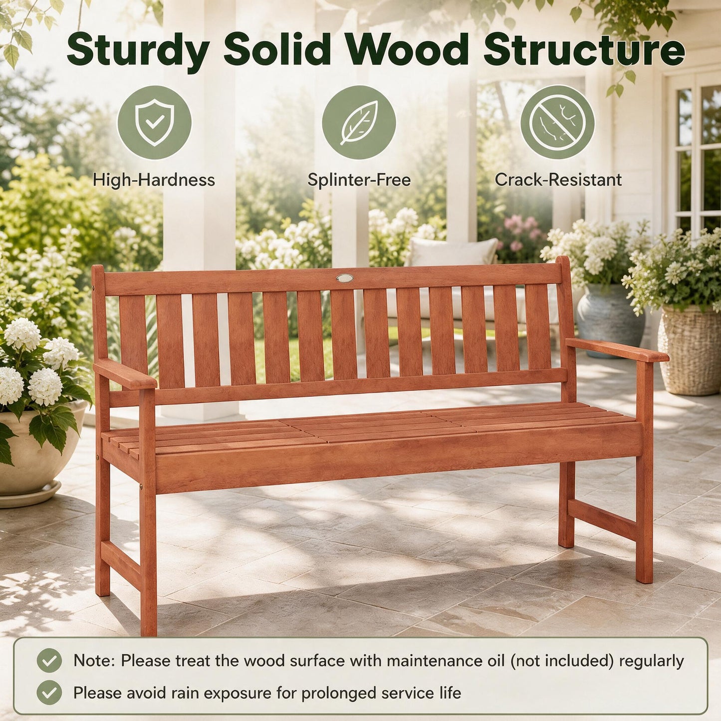 Patiojoy Outdoor Wood Garden Bench 59" 2-3 Person Patio Seat with Pull-Out Center Table