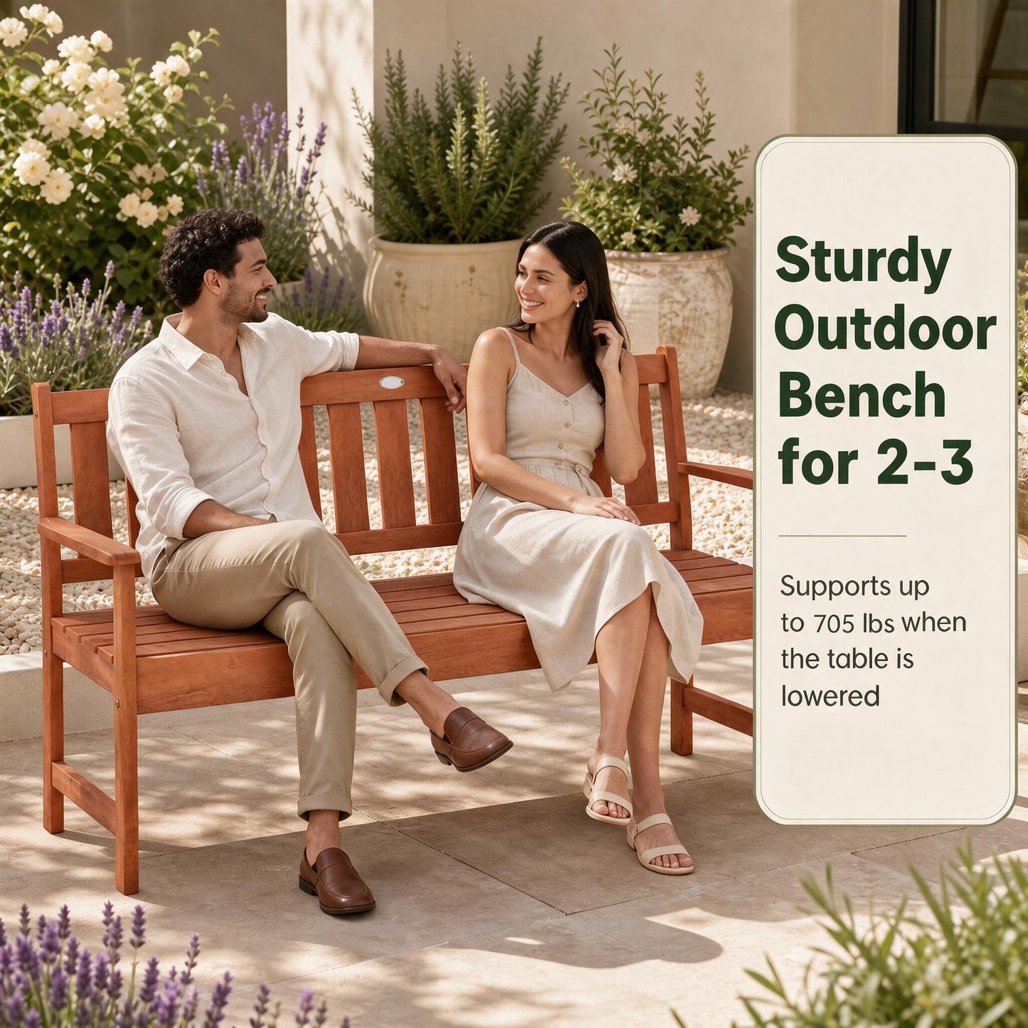 Patiojoy Outdoor Wood Garden Bench 59" 2-3 Person Patio Seat with Pull-Out Center Table