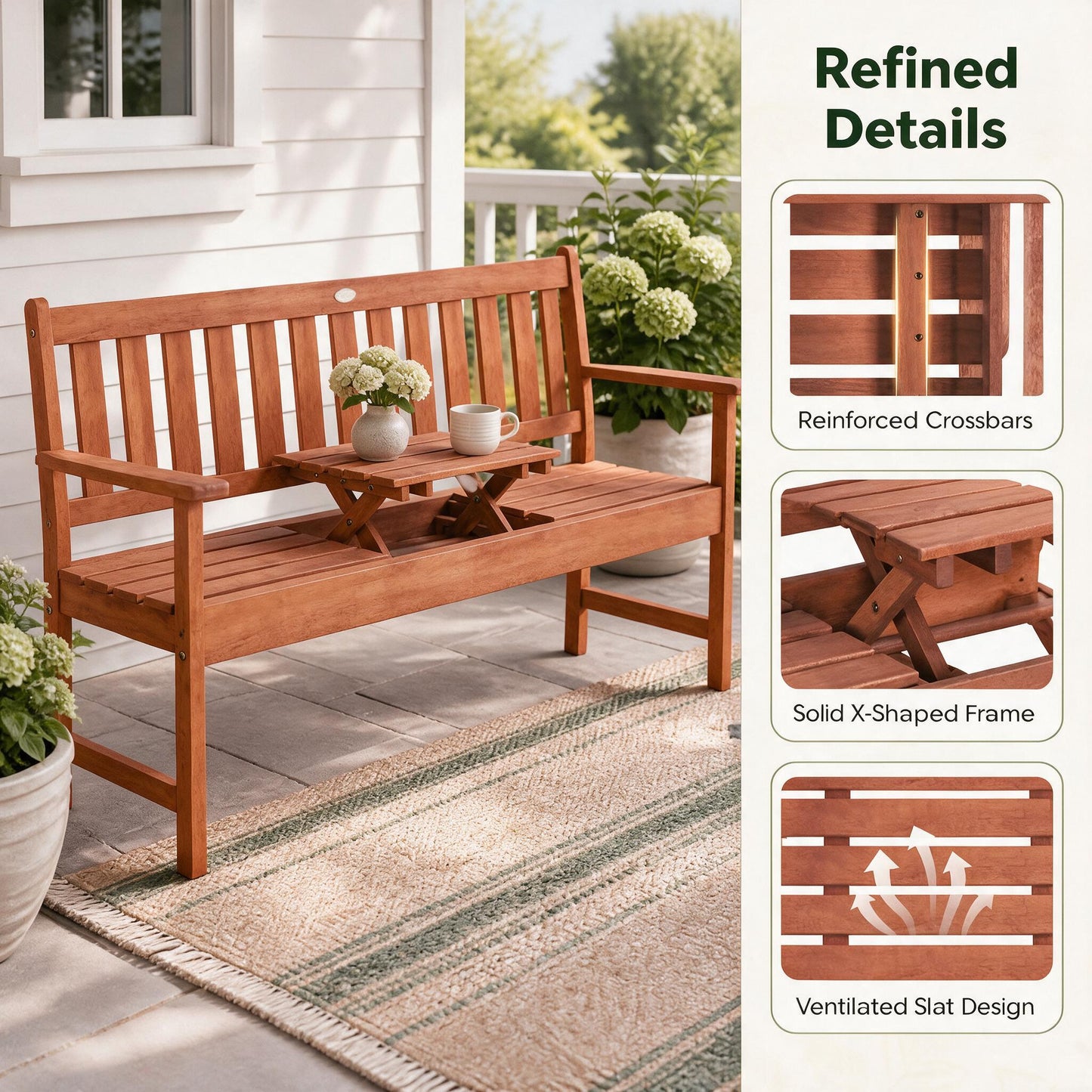 Patiojoy Outdoor Wood Garden Bench 59" 2-3 Person Patio Seat with Pull-Out Center Table