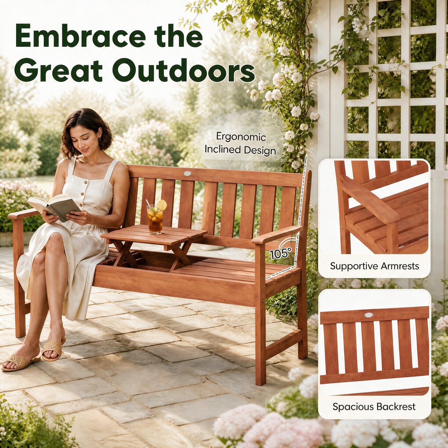 Patiojoy Outdoor Wood Garden Bench 59" 2-3 Person Patio Seat with Pull-Out Center Table