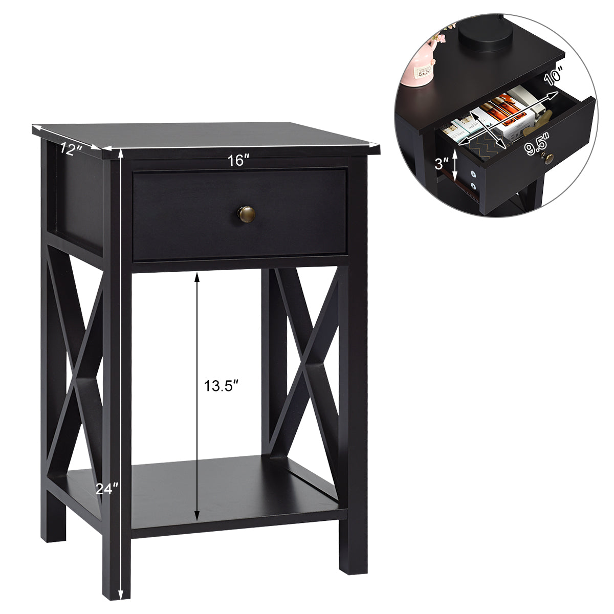Topbuy X-Design Side End Table Multifunctional Nightstand with Drawer & Shelf Black