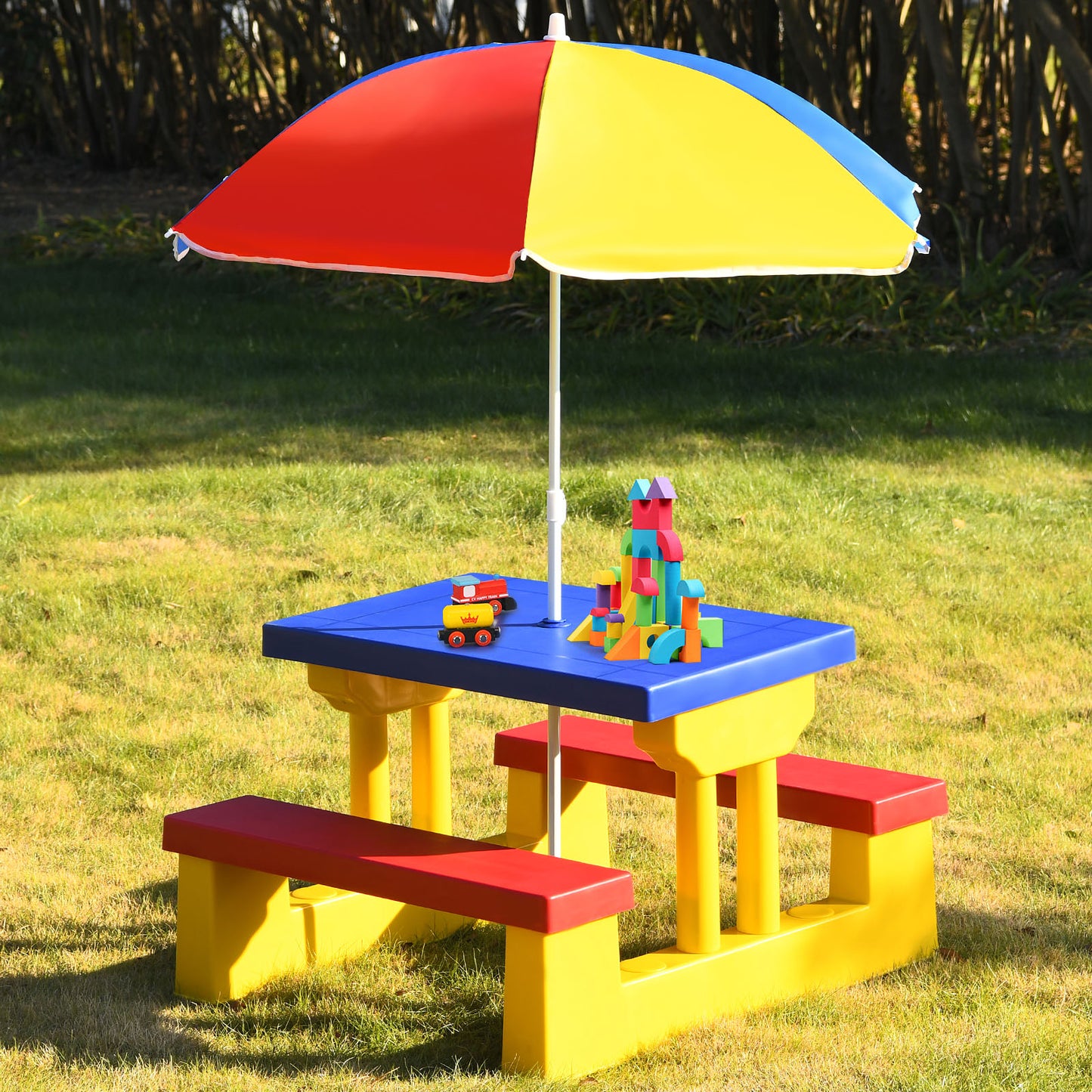 Patiojoy Kids Picnic Table Set Indoor Outdoor Toddler Table with Bench and Removable Umbrella Portable Children Play Set