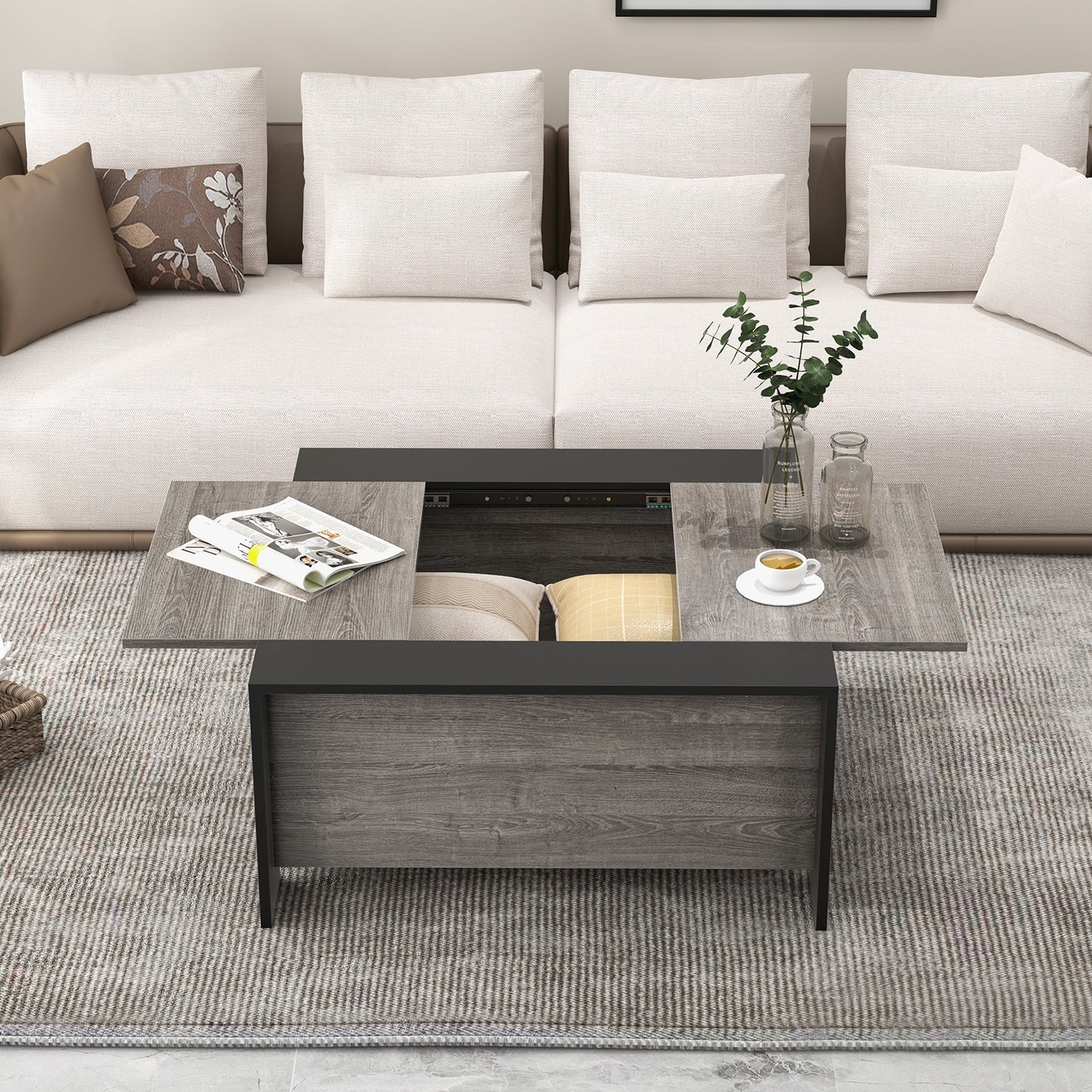 Patiojoy Coffee Table with Sliding Top Square Center Table with Hidden Compartment Extendable Cocktail Tea Table
