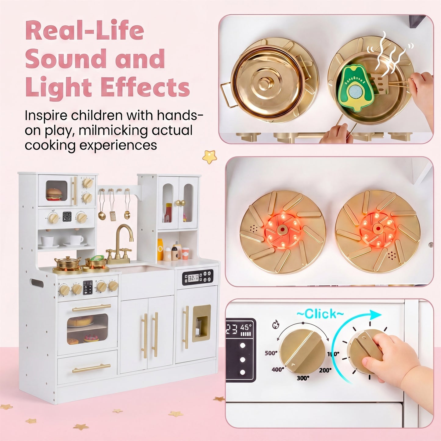 Patiojoy Kids Play Kitchen Set Wooden Cooking Toy with Lights & Sounds Stove Sink Faucet Oven White/Black