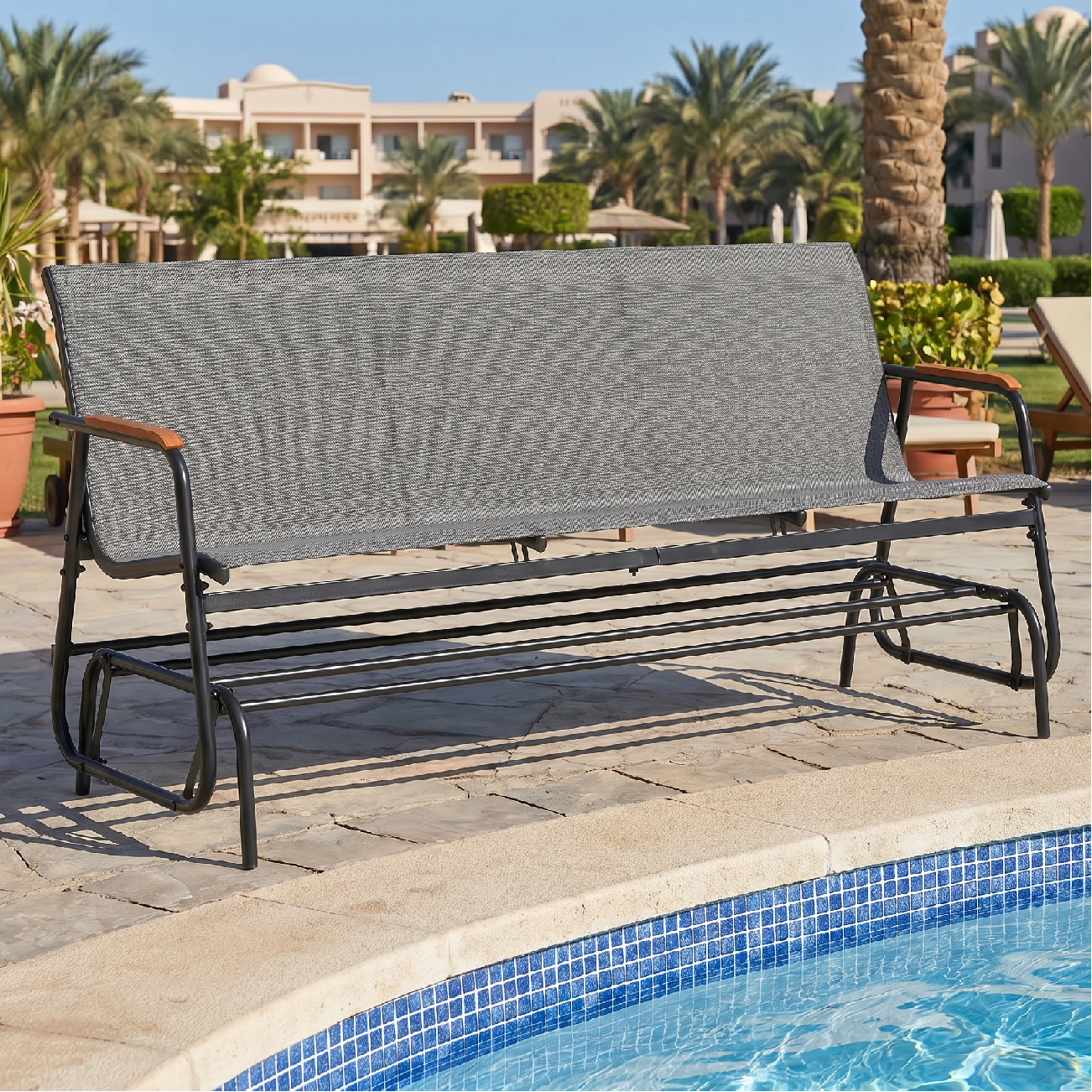 Patiojoy 3-Person Patio Glider Bench Outdoor Gliding Long Seat with Curved Teak Armrests and Breathable Fabric Seat Metal Rocking Chair