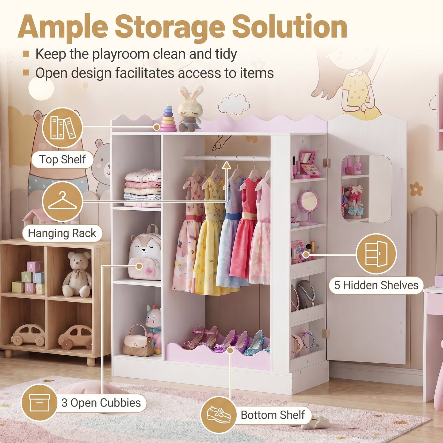 Patiojoy Kids Costume Organizer with Mirrors Children Armoire Closet with Open Hanging Rack Shelves and Cabinet Dress Up Storage