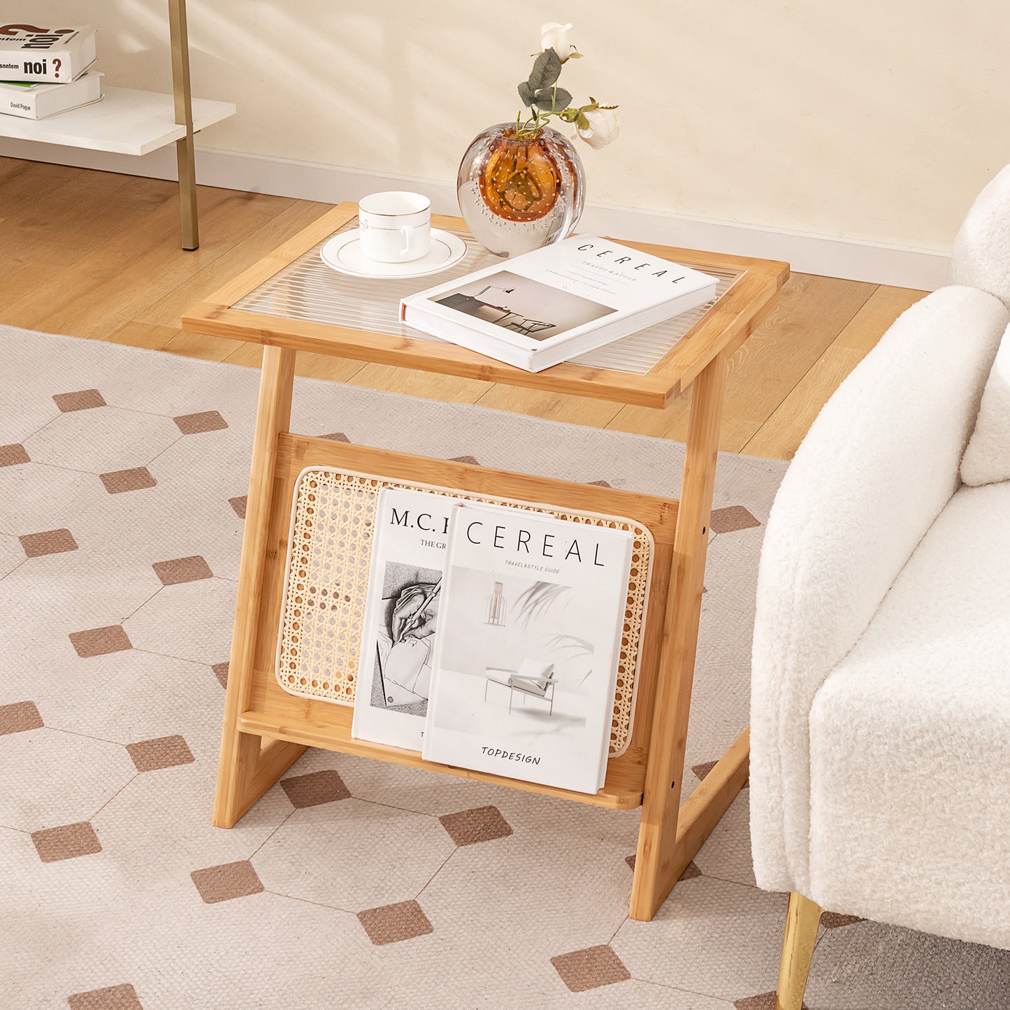 Patiojoy Z-shaped Side Table with Rattan Shelf Glass Top End Table with Magazine Rack Space-saving Sofa Side Bedside Table