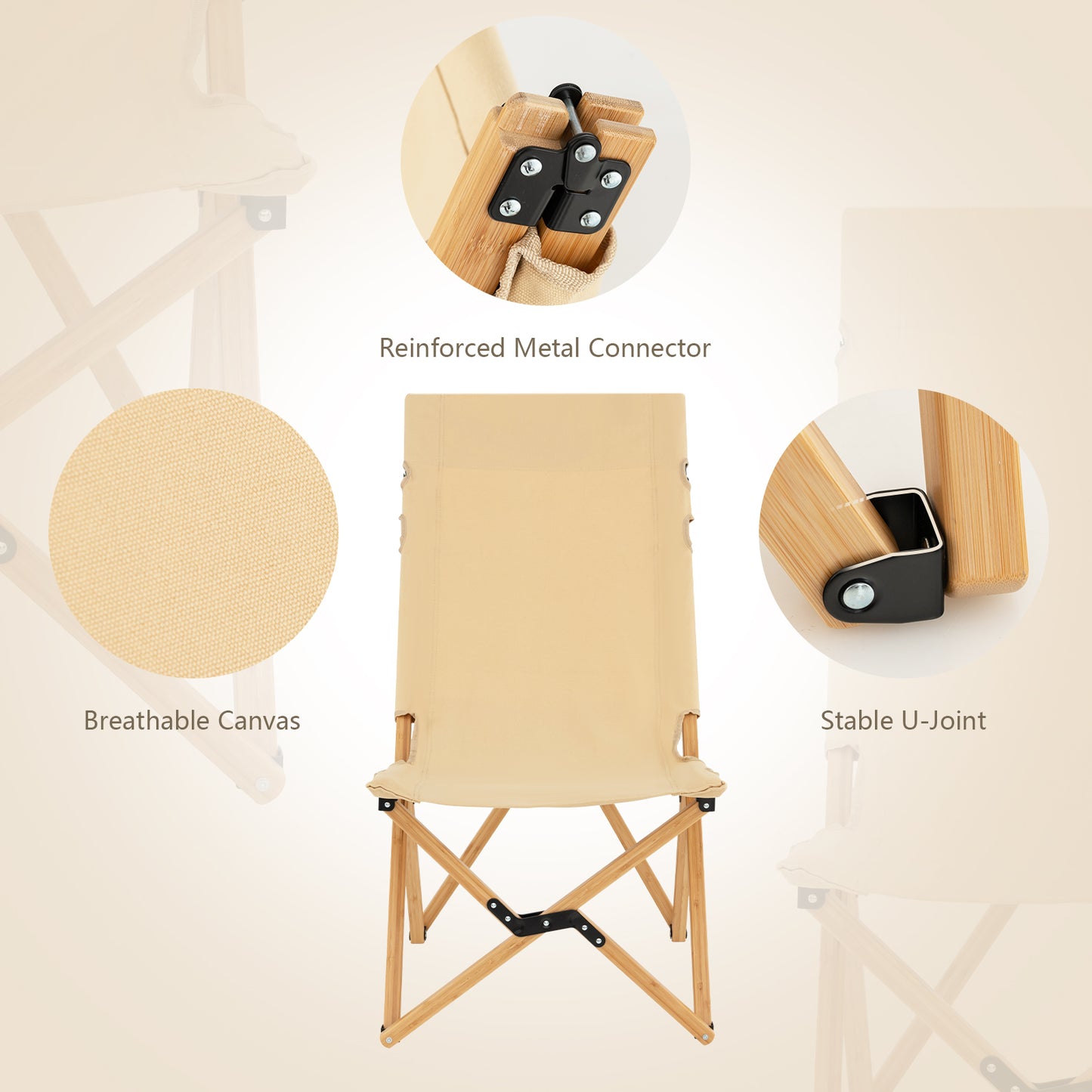 Patiojoy Folding Camping Chair Bamboo Wood Beach Chair with Breathable Canvas and 2-Level Adjustable Backrest with Carrying Bag