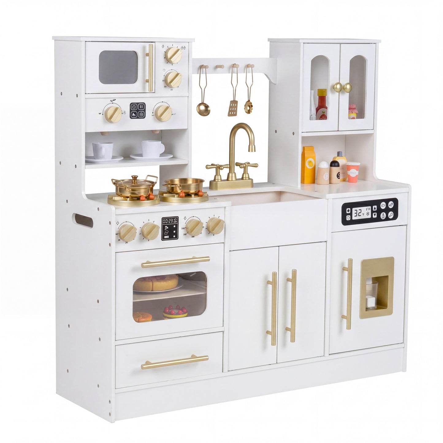 Patiojoy Kids Play Kitchen Set Wooden Cooking Toy with Lights & Sounds Stove Sink Faucet Oven White/Black